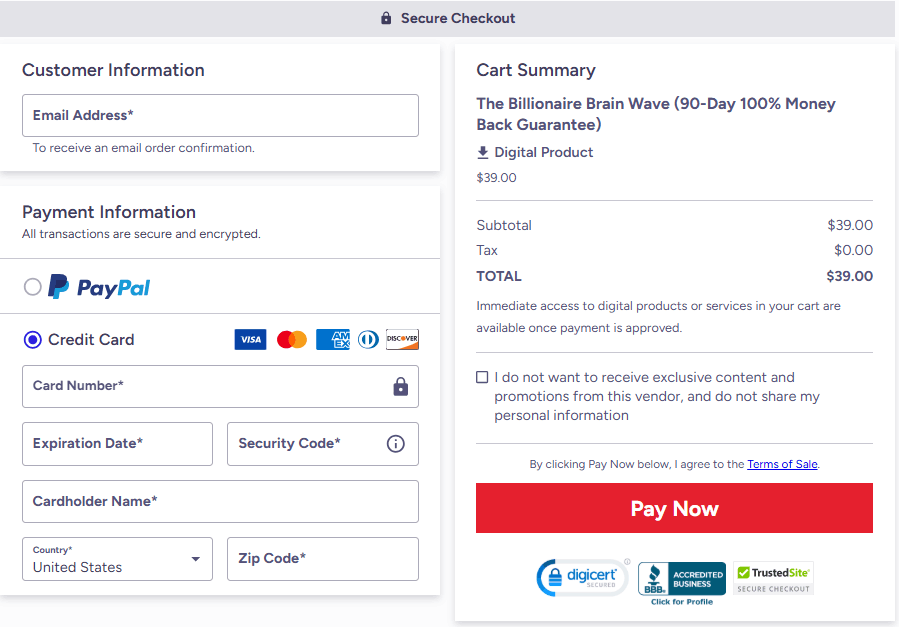The Billionaire Brain Wave Checkout Page